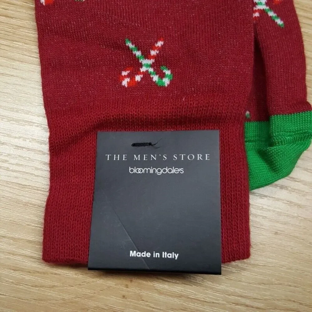 BLOOMINGDALES MENS STORE Red Candy Cane Crew Socks 10-13 Cotton Blend Christmas